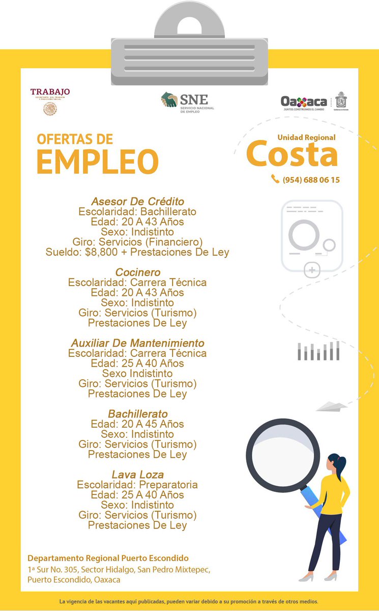 SNEOaxaca's tweet photo. ¿Eres un buscador de empleo en la #RegiónCosta? Checa las vacantes de nuestra #BolsadeTrabajo.
Acércate a la Oficina Regional de la CSNEO para ser atendido por un #ConsejerodeEmpleo.

#Empléate https://t.co/eXyUz5BAzU