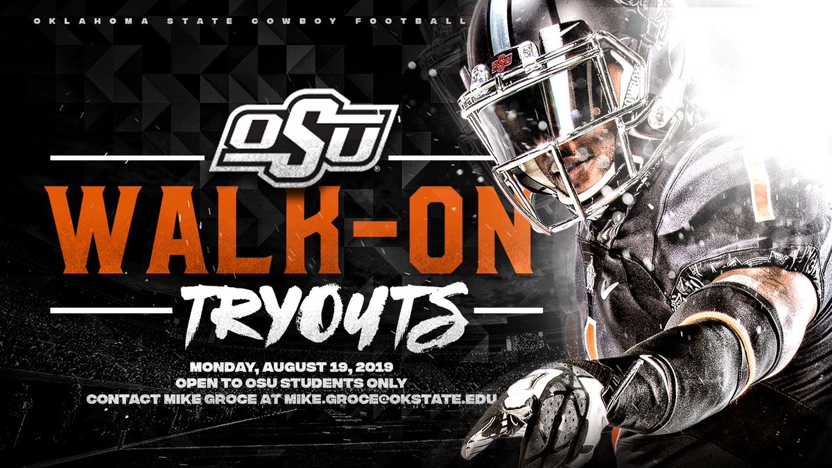 CoachGundy's tweet photo. 🚨 Walk-on Tryouts 🚨 2019 fall walk-on tryouts are next week, Monday, Aug. 19.  Great opportunity for current #okstate students to be a part of the program. Click the link for important details: https://t.co/oUtfjxGzO5  #GoPokes https://t.co/8lr0cVLyFc