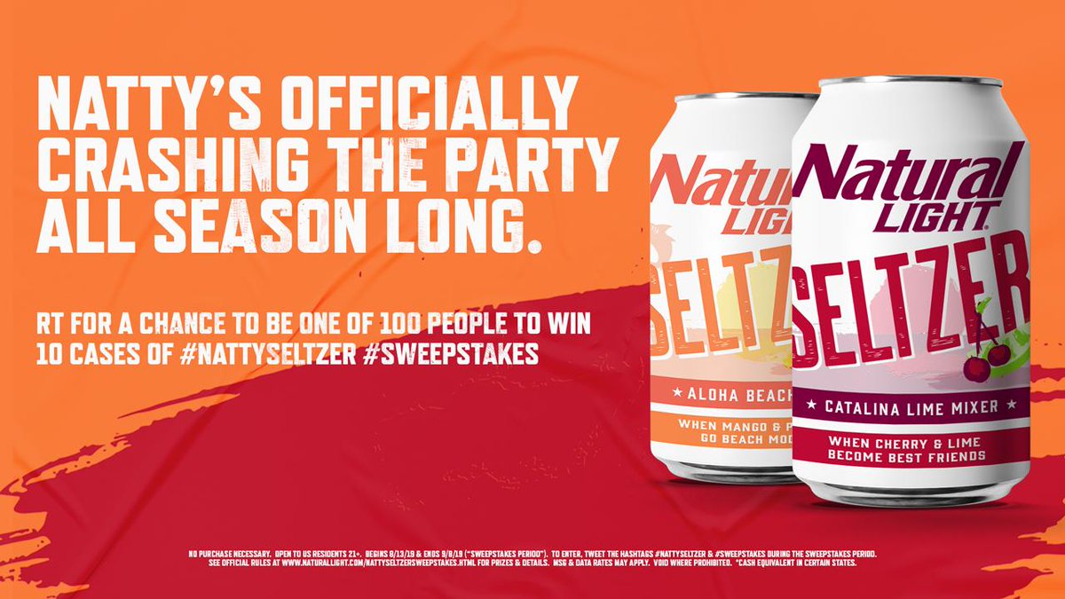 Natty’s officially crashing the party all season long RT for a chance to be one of 100 people to win 10 cases of #NattySeltzer #sweepstakes