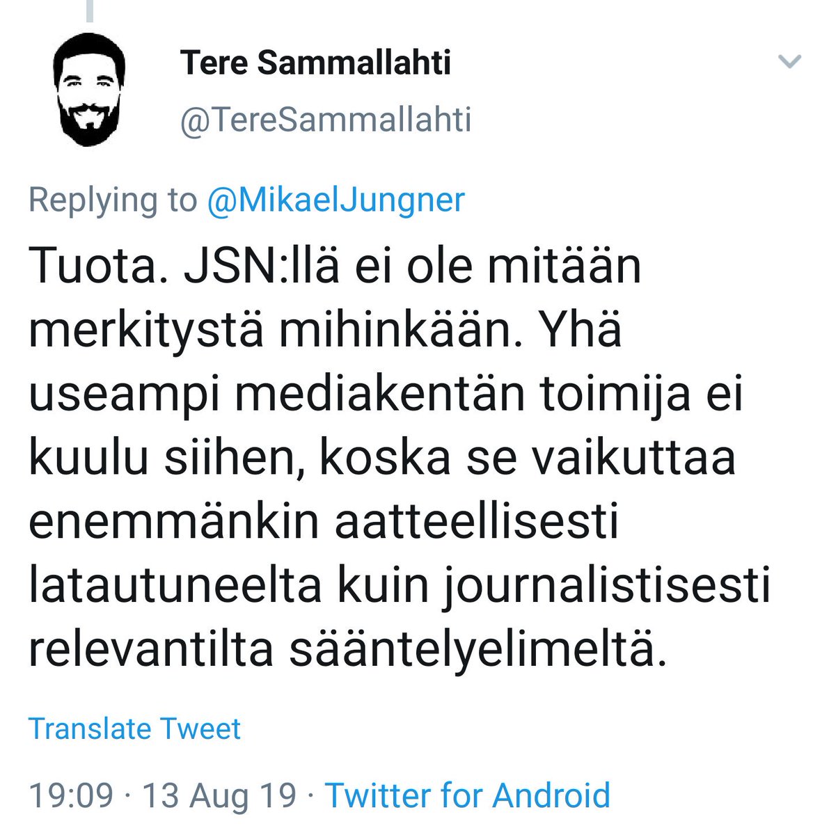 #Libera'n uusi sisältöjohtaja #TereSammallahti: 
'#JSN:llä ei ole mitään merkitystä mihinkään'.

#JulkisenSananNeuvosto #journalismi #JournalistinOhjeet