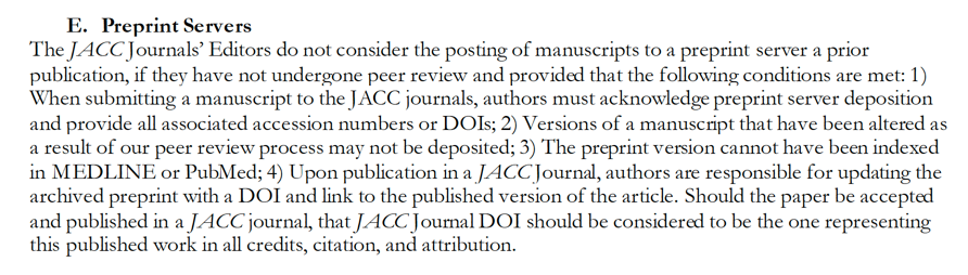 hmkyale's tweet image. Big announcement…@JACCJournals @ACCinTouch changed their policy and now 'do not consider the posting of manuscripts to a #preprint server a prior publication’; Kudos to #ValentinFuster and team. And @medrxivpreprint appreciated their feedback and improved as a result. @jsross119