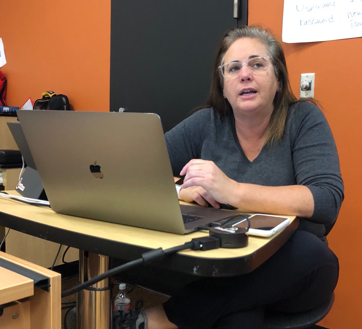 A2schools's tweet photo. .@a2Thurston librarian Sharyl Burau (in red) learns the finer points of @Twitter at an #AAPSTechFest class led by @lesliefisher. Lots of learning going on today at @SkylineHighA2. @A2SchoolsSuper https://t.co/bmAKYPXP7u