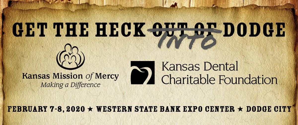 KSDentalFound's tweet photo. Let's get the heck INTO Dodge for KMOM 2020! Our next project will be held on February 7-8 at Western State Bank Expo Center in Dodge City, KS. 

Volunteers and patients can learn more at  https://t.co/aaAyKYqefN. Volunteer registration will open 6 weeks prior to this event. https://t.co/6TJRas8GVv