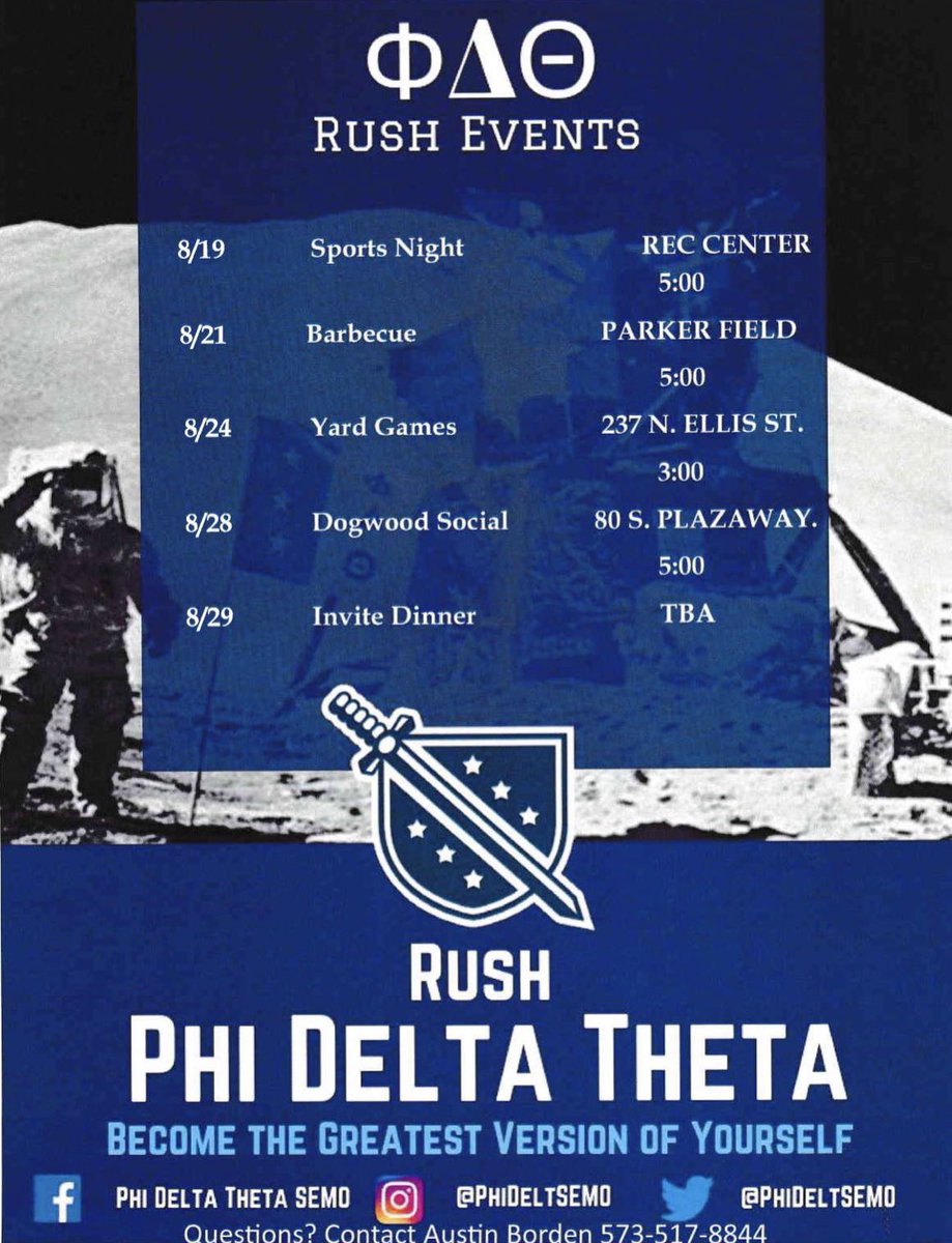 PhiDeltSEMO's tweet photo. Become the Greatest Version of Yourself

Interested in rushing or just have a question? Contact our recruitment chair Austin Borden at +1 (573) 517-8844 https://t.co/llwr6kjSF0