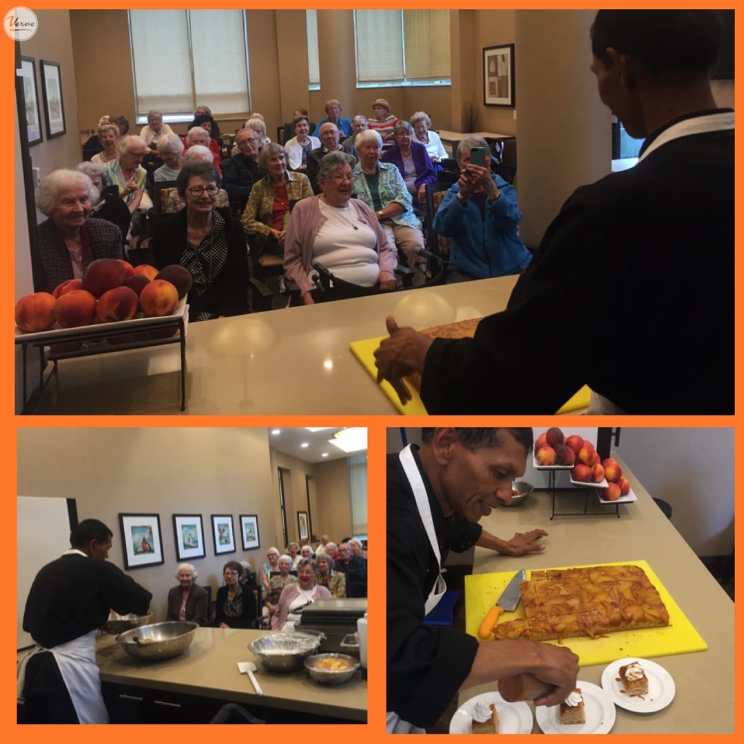 vervesrliving's tweet photo. Residents at Port Credit Residences were eager to learn how Chef Irish makes his famous peach upside cake! π #verveseniorliving #seniorsrock #retirement #inspiredseniorliving #seniors #seniorliving #baking #peach #cake #livinglovinglocal #portcredit https://t.co/Ff81H7Zler https://t.co/RcVpcNtxOo