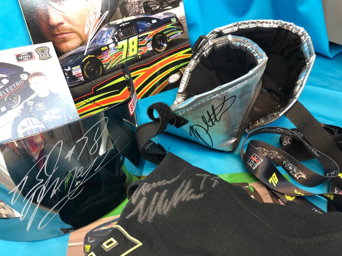 injuredkids's tweet photo. Awesome package! Bid on autographed race gear from @TeamBJMcLeod including: @bjmcleod78 helmet visor, @VinnieMiller_ tee, race-used driver heat shields + hero cards from @mattmillsracing, @TommyJoeMartins &amp; @teamjajunior. https://t.co/t9bL6B0fi7 https://t.co/RatHnvEyyo