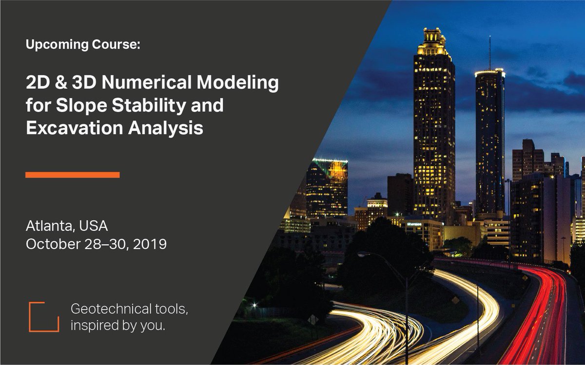 Rocscience's tweet image. Seats for our 2D &amp;amp; 3D Numerical Modeling for #SlopeStability and Excavation Analysis course in Atlanta are filling up fast! Book your spot now: bit.ly/2W1w0FN

#Rocscience #Rocsciencelearning #geotechusa #finiteelement #excavationanalysis #numericalmodeling #RS2 #RS3