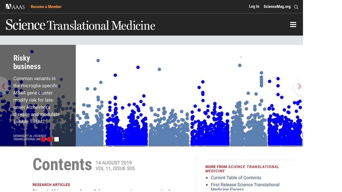 ccrugom's tweet photo. Our latest paper reporting MS4A4A as a major regulator of TREM2 and a protective variant for #Alzheimers made in into the from page of Science Translational Medicine https://t.co/VpqLUWKlZe @karchlab @demingy @B_A_Benitez  @omharari https://t.co/KlwQJPAvCK