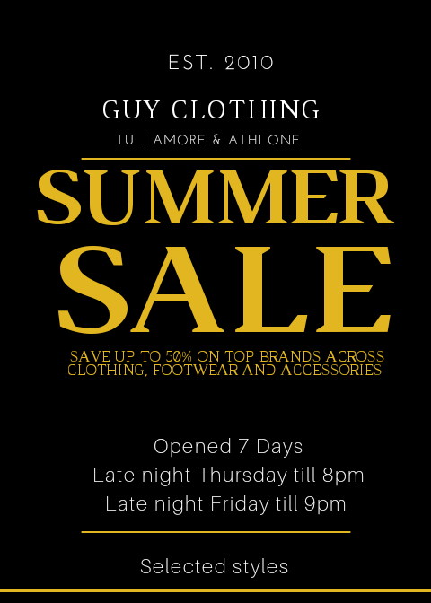 GuyClothing's tweet photo. Summer SALE STARTS TOMORROW UP TO
50 TO 70% OFF CLOTHING AND FOOTWEAR. SUITS FROM β¬99 KIDS SUITS FROM β¬59. SALE NOT TO BE MISSED. #guyclothing #sale #offers #halfprice #reductions #bigsale #theone #Mensfashion #opened7days #men #dontmissout #tellafriend https://t.co/BIGTAeYJHf