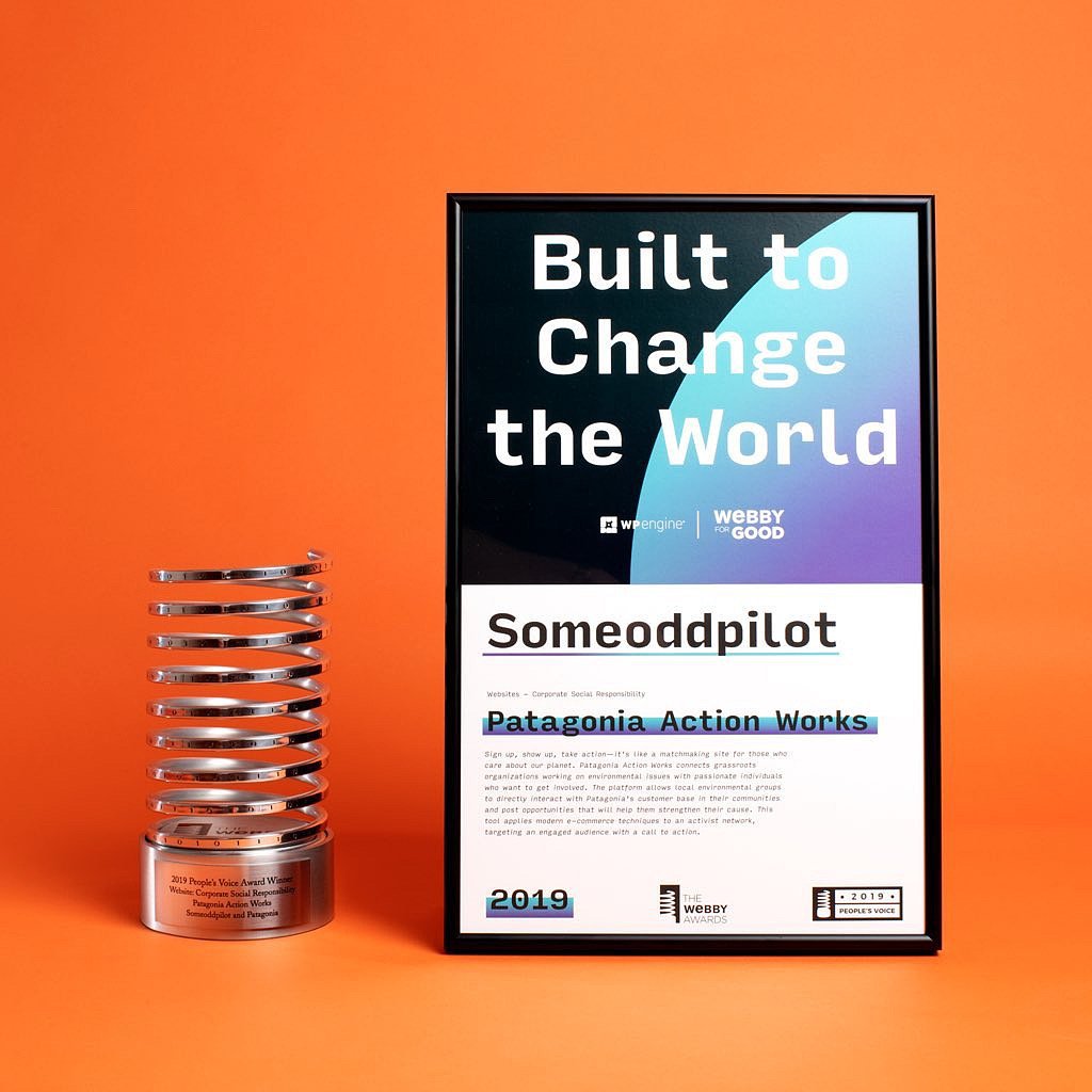 With the lack of U.S gov support on #climatechange, <a href="/Someoddpilot/">Someoddpilot</a> created @Patagonia Action Works, a digital tool that elevates grassroots activists &amp; connects them with committed individuals who want to make a difference. 🌎 Learn more → wbby.co/2H4ZP2Y #WebbyForGood