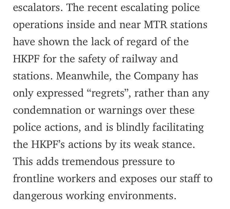 KongTsungGan's tweet photo. Joint statement by 9 MTR train captains &amp; 700 staff accusing @hkpoliceforce of lack of regard for stations &amp; passengers &amp; MTR of blindly facilitating police actions &amp; not protecting staff or passengers. https://t.co/NS0N2BxF32 https://t.co/RJrxPpO52w