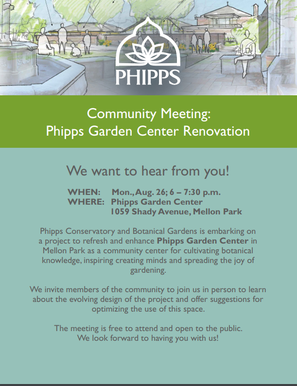 PGHDistrict8's tweet photo. Learn more about @PhippsNews proposed renovation of the Garden Center in Mellon Park on Monday, August 26th at 6pm at 1059 Shady Avenue. https://t.co/MNWUexYjgt
