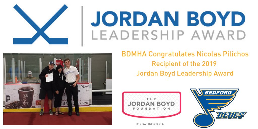 BDMHA congratulates Nick Pilichos for being selected as 2019 Jordan Boyd Leadership Award recipient. 
The award is given to player who exemplifies qualities that Jordan embodied:
✅CHARACTER
✅WORK ETHIC
✅KINDNESS
#BDMHA #BedfordBlues #BedfordProud #JordanBoyd #LeadershipAward