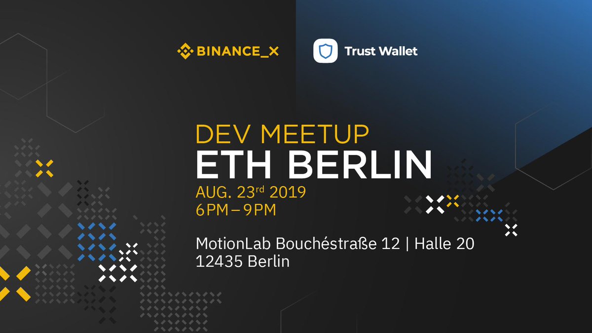 TrustWallet's tweet photo. In Berlin for @berblockweek & @ETHBerlin? We are teaming up with @BinanceX to show you the #BinanceDeveloper Ecosystem (@wallet_core , Chain, @Binance_DEX and Fellowship). See you at https://t.co/hYwtRVU53B on πAUG 23rd π6PM
Sign up here https://t.co/lys8eqJWTS https://t.co/6ymup60kS6
