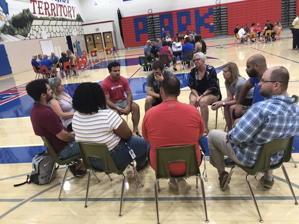 weziRthindwa's tweet photo. First day back with staff. Using restorative practice circles to reflect on keeping students at the center of it all. Love my school ❤️. #relationshipsfirst @Park_View_HS https://t.co/eRZN1Xbq3h
