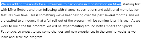 LowcoTV's tweet photo. Wow, @WatchMixer will be rolling out subscriptions, Embers (their version of Bits), and more to ALL streamers on their platform. https://t.co/CY5qgQSXaj