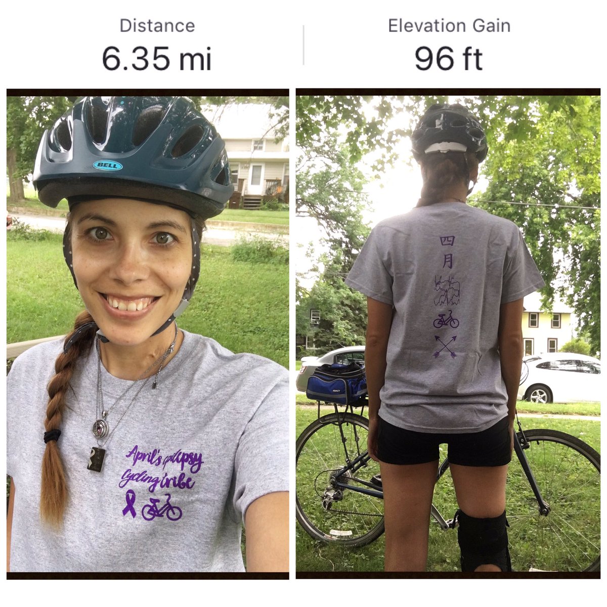 apriltwin2's tweet photo. 2nd bike ride post-sepsis again. 1st ride was 0.6mi and this one was 6.2mi! I wore my team tshirt and favorite necklace. No one fights alone #epilepsyfoundation #athletesvsepilepsy #seizures #cycling #ehlersdanlos #postsepsis #centralline #gastroparesis #tubefeed #biking #proud https://t.co/YwHi6M4Rnu