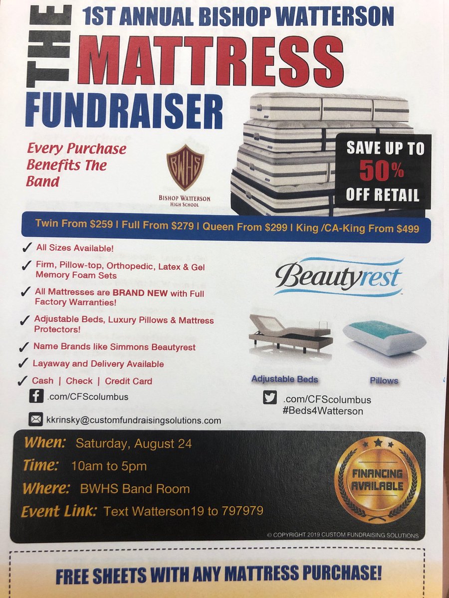 bwhs_marching's tweet photo. The Marching Band is having a mattress sale! Saturday August 24 from 10am - 5pm! https://t.co/hjdIF87Eaj