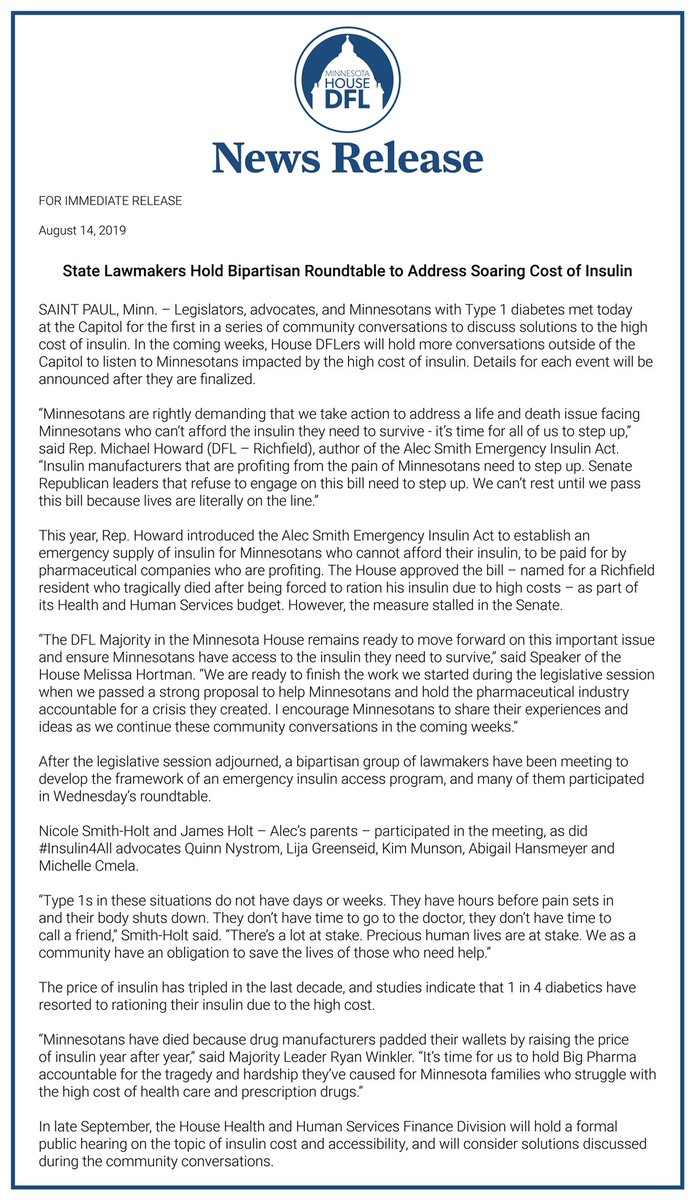 House Democrats are still working to find a solution for the skyrocketing price of insulin 📈📈

“Insulin manufacturers that are profiting from the pain of Minnesotans need to step up. Senate Republican leaders that refuse to engage on this bill need to step up.” - Rep. Howard
