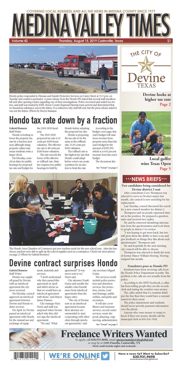 Have a look at the Medina Valley Times front this week, where a letter scare and taxes make the top of the fold. 

Pick up your copy today.