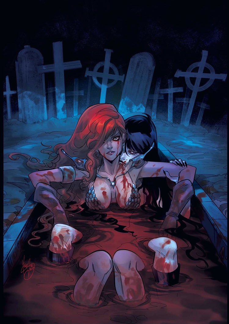 Mirkand's tweet photo. My exclusive #VampirellaRedsonja variant for #SadLemonComics available at link > https://t.co/JzyKHEiuED 💖💖💖 https://t.co/FDOW2znlF8