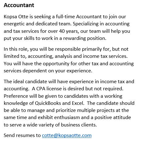 KopsaOtte's tweet photo. We are seeking a full-time Accountant to join our team. Send resumes to cotte@kopsaotte.com #jobs #hiring #joblistings https://t.co/dGHXsT7DWZ