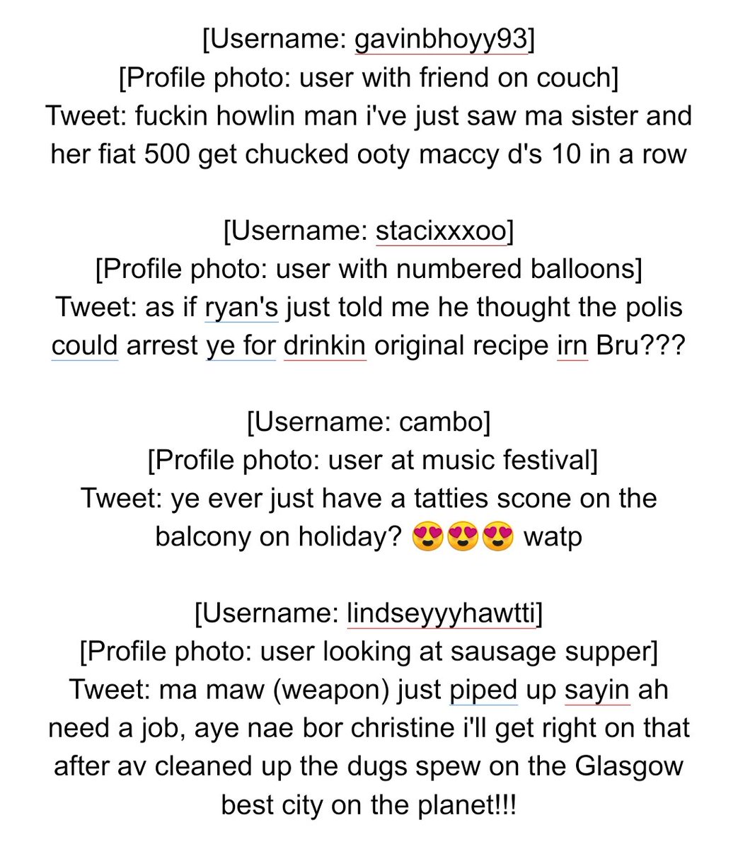 Sayers33's tweet photo. I forced a bot to read 10,000 Scottish tweets then asked it to write some of its own and this is what it produced https://t.co/1tyX2Fn9xS