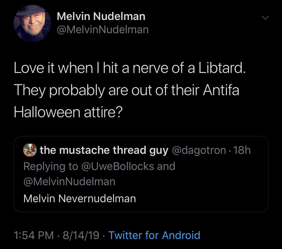 mustachetoilet's tweet photo. I destroyed a boomer so efficiently that he came back a day later with this nonsense https://t.co/Sz3hyCUKHq