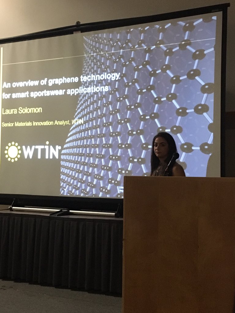 WTiNcomment's tweet photo. WTiN’s Material Innovation Analyst Laura Solomon sharing insights on #graphene technology at @MaterialShows #smarttextiles #conductivetextiles https://t.co/K9pkQpa8TG