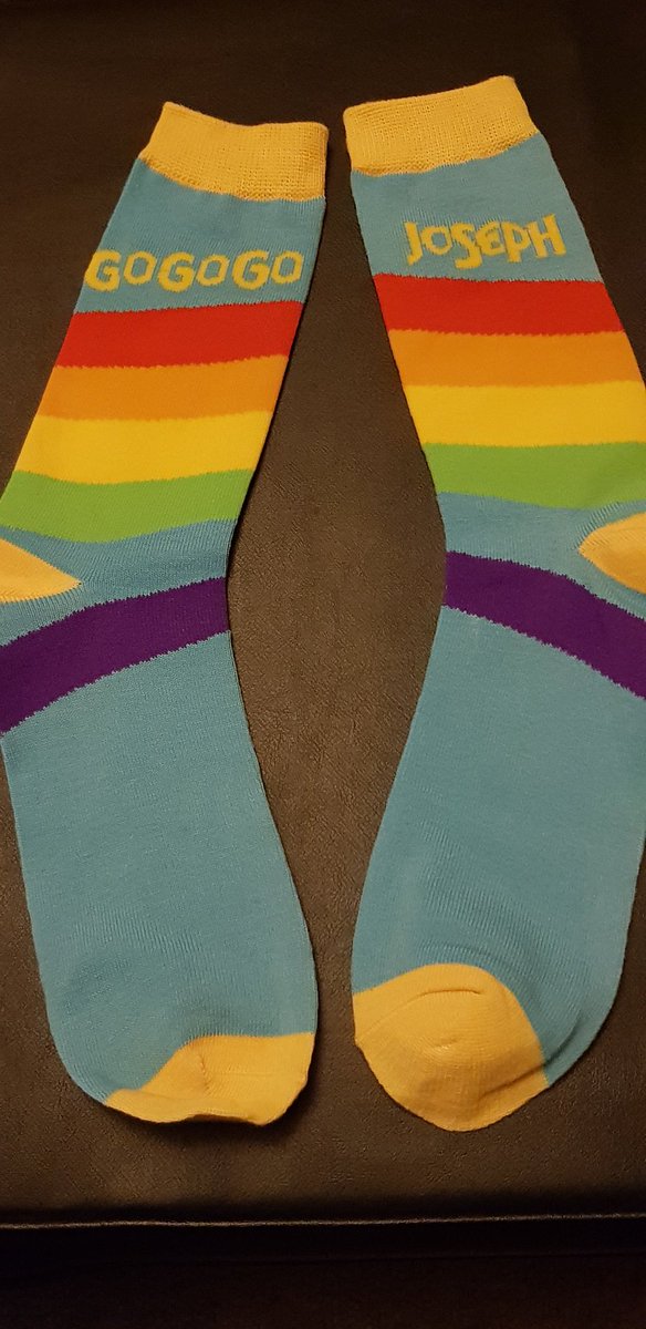 MissHeadDesk's tweet photo. Well how could I resist these socks after seeing the absolutely outstanding production of Joseph and the Amazing Technicolor Dreamcoat #josephsback? I think the Thirteenth Doctor would approve. https://t.co/5zSUDo8KRq