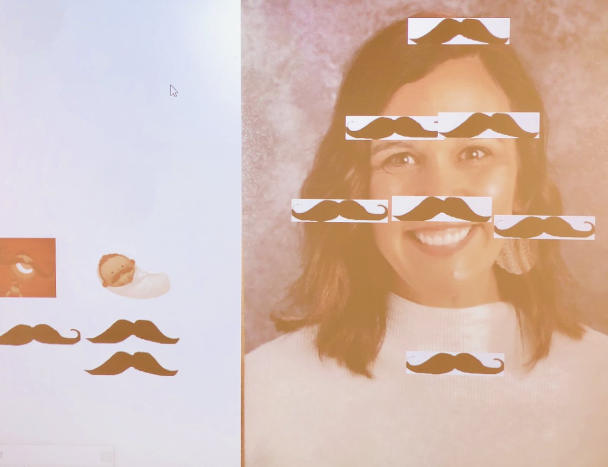 KitchellS's tweet photo. Can’t think of a better way to start the year with a little inspiration from Mustache Baby by @bridgetheos Kindergarten had the BEST time creating “Mustache Mrs. Schneider”.  It’s a great look! #firstday #kindergarten #phlibraries #mustaches #whatwedo #library https://t.co/kGkhPVXsU0