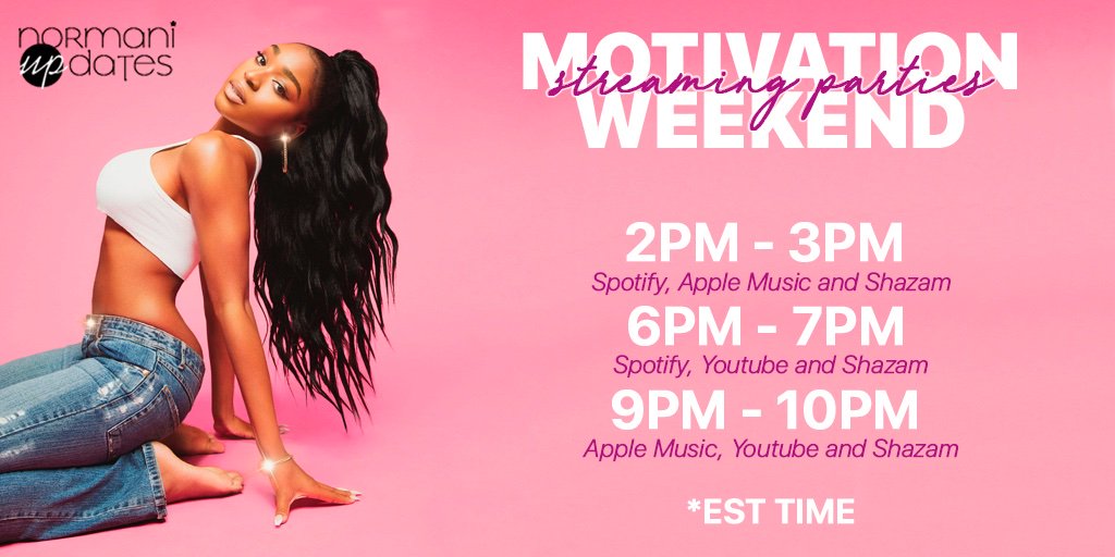 NormaniUpdate's tweet photo. #Motivation is coming, and so are the streaming parties!
Hours for our Motivation Weekend full of streaming are now scheduled. Be sure to join us this weekend! 💗 https://t.co/eeny3tSYpm