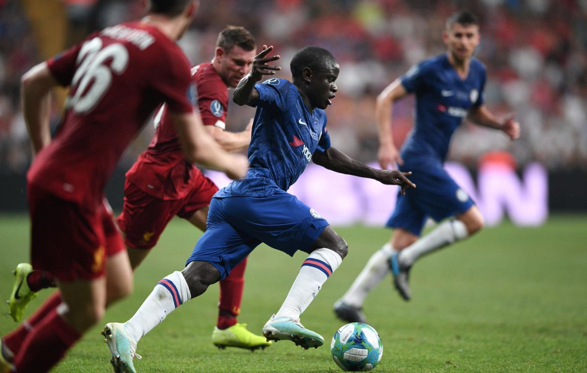 bet365's tweet photo. Frank Lampard said N'Golo Kante picked up an injury on Sunday and was a doubt for the Super Cup.

- He played 120 minutes
- Completed double the amount of dribbles than anyone on the pitch (8)
- Won the most tackles for Chelsea

A colossal performance.

#CFC #SuperCup https://t.co/rTVyMbhEiU