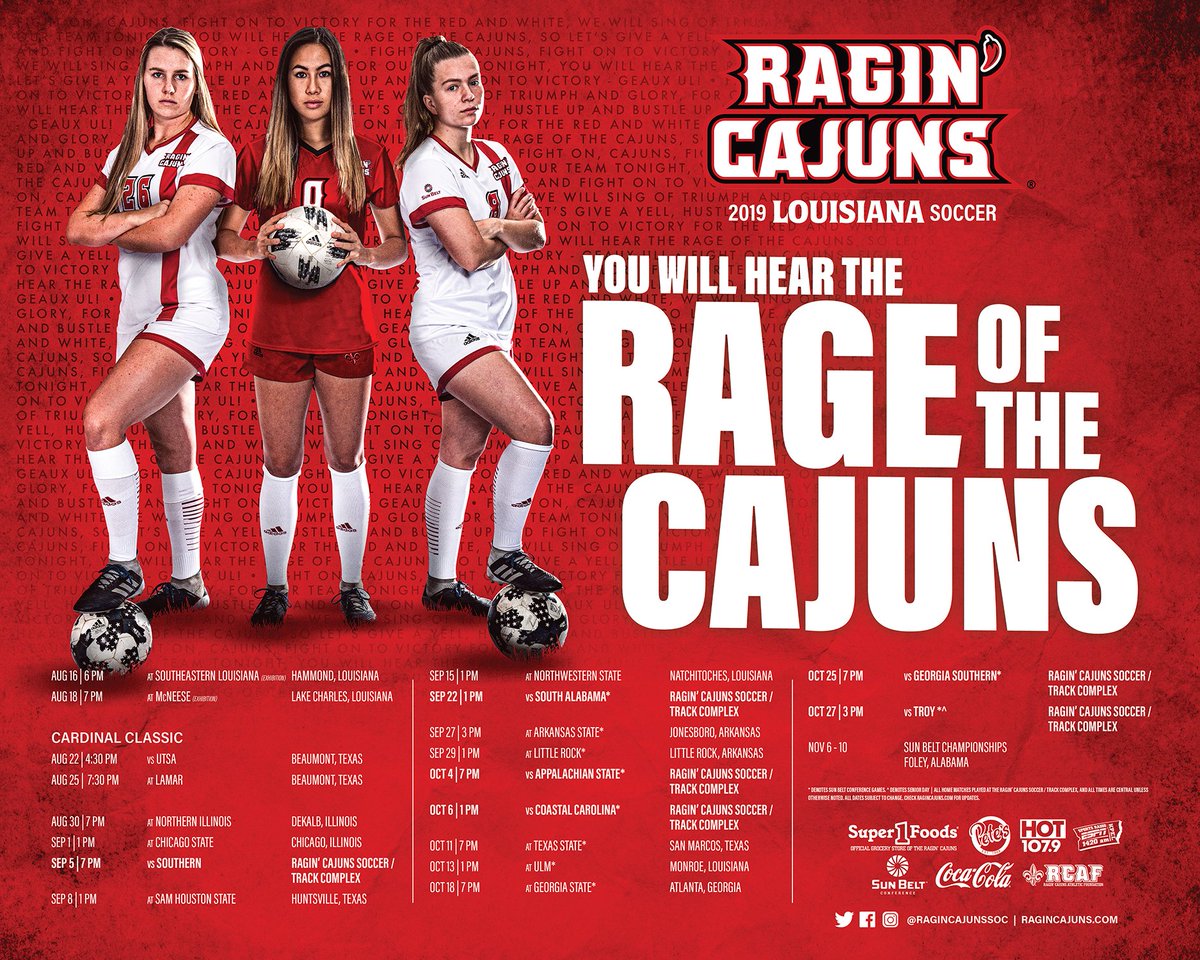 Look for these 🔥 <a href="/RaginCajunsSOC/">Louisiana Ragin' Cajuns® Soccer</a> 🔥 schedule posters on Sunday at Fan Day!

#GeauxCajuns ⚜️