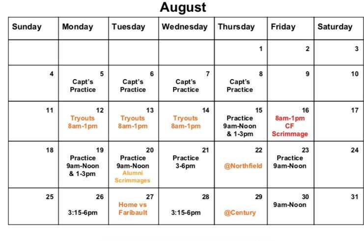 charlotte3o's tweet photo. Here is the schedule for the rest of August for Bsquad/JV/VARSITY ⚠️⚠️ @FarmTigerVb https://t.co/BOe6yXYK2f