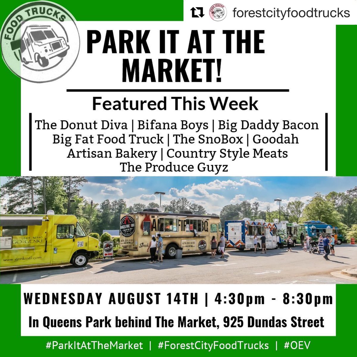 On right now!!! Grab the kids and swing by for some treats in the park!
#oev #ldnont #londonontario #forestcityfoodtrucks #parkitatthemarket