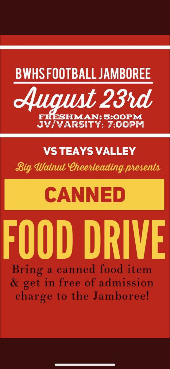 karleybecker's tweet photo. get into the football scrimmage next friday for 𝙵𝚁𝙴𝙴 when you bring a can to donate!! come out and support your community and football team ♡                    @BigWalnutCheer @BigWalnutEagles @BigWalnut1 https://t.co/xdmyuCQbmR