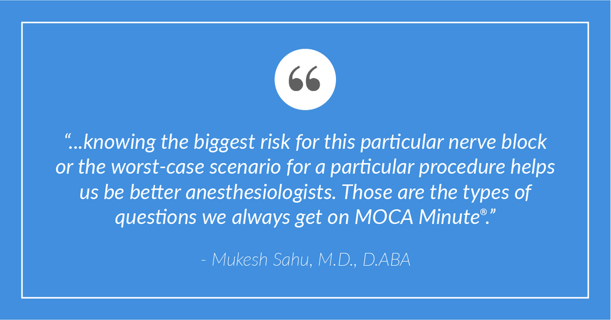 AbaPhysicians's tweet photo. [NEW BLOG POST] Diplomate Mukesh Sahu, M.D., shares how MOCA Minute® has taught him the latest practice recommendations. Read more about his experience &amp; share your MOCA Minute stories at the end of the post: https://t.co/2fjgvBKEgO
#ABABlog #Anesthesiologists https://t.co/VkkNerZqrw