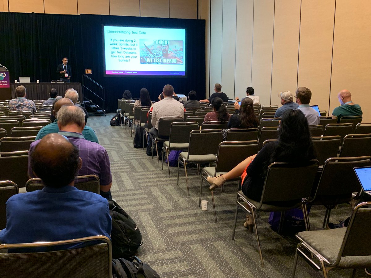 Delphix's tweet photo. "Data needs to be considered a first-class service like anything else in your application delivery lifecycle. Quality is dependent on testing with production-like data." @sd_architect @devopsworldconf #DevOpsWorld | #JenkinsWorld https://t.co/JBXzDB3knk