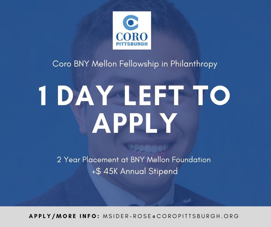 Coro_Pittsburgh's tweet photo. @Coro_Pittsburgh &amp; @PublicAlliesPGH alums! There is just 1 DAY left to apply.

✔️$45,000 annual stipend
✔️2 year, full-time placement at the BNY Mellon Foundation 
✔️Hands-on opportunity to pursue cross-sector impact
#CoroLeads #EveryoneLeads https://t.co/6V6DFeCPFo