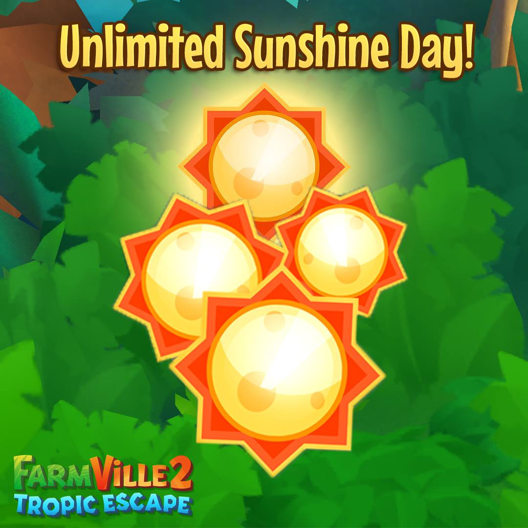FVTropicEscape's tweet photo. It’s Unlimited Sunshine Day ☀️
All Sunshine 🌞 is free today as #FarmVille2TropicEscape 🐬 turns 3⃣
Let’s Go ▶️ https://t.co/nOqnq6fTIj https://t.co/2Gh8Tn5hn8