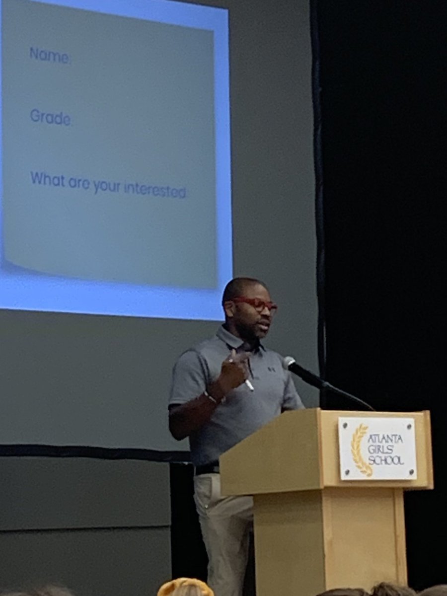 TheMsByrne's tweet photo. Our #STEAM guru, @TheRealJamCam, started today’s #AGSAssembly by asking students to share their interests so that he could better connect our @AGSHurricanes with professionals in diverse fields. #thisisags #20yearsofAGS https://t.co/PGXDFNLkG9