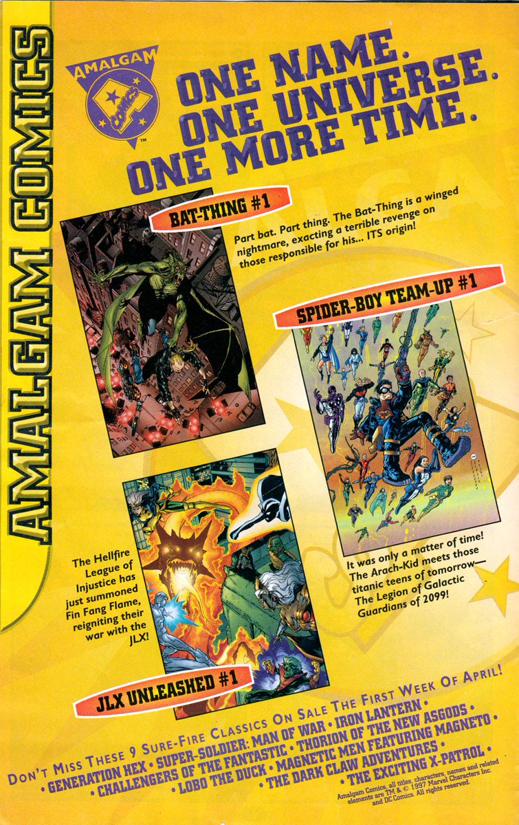 comicbookads's tweet photo. Amalgam Comics ad 1997
One Name. One Universe. One More Time.
#Marvel #dccomics #amalgamcomics #batthing #spiderboy #jlx #batman #manthing #spiderman #superboy #jla #xforce https://t.co/t0lzzBOzo6