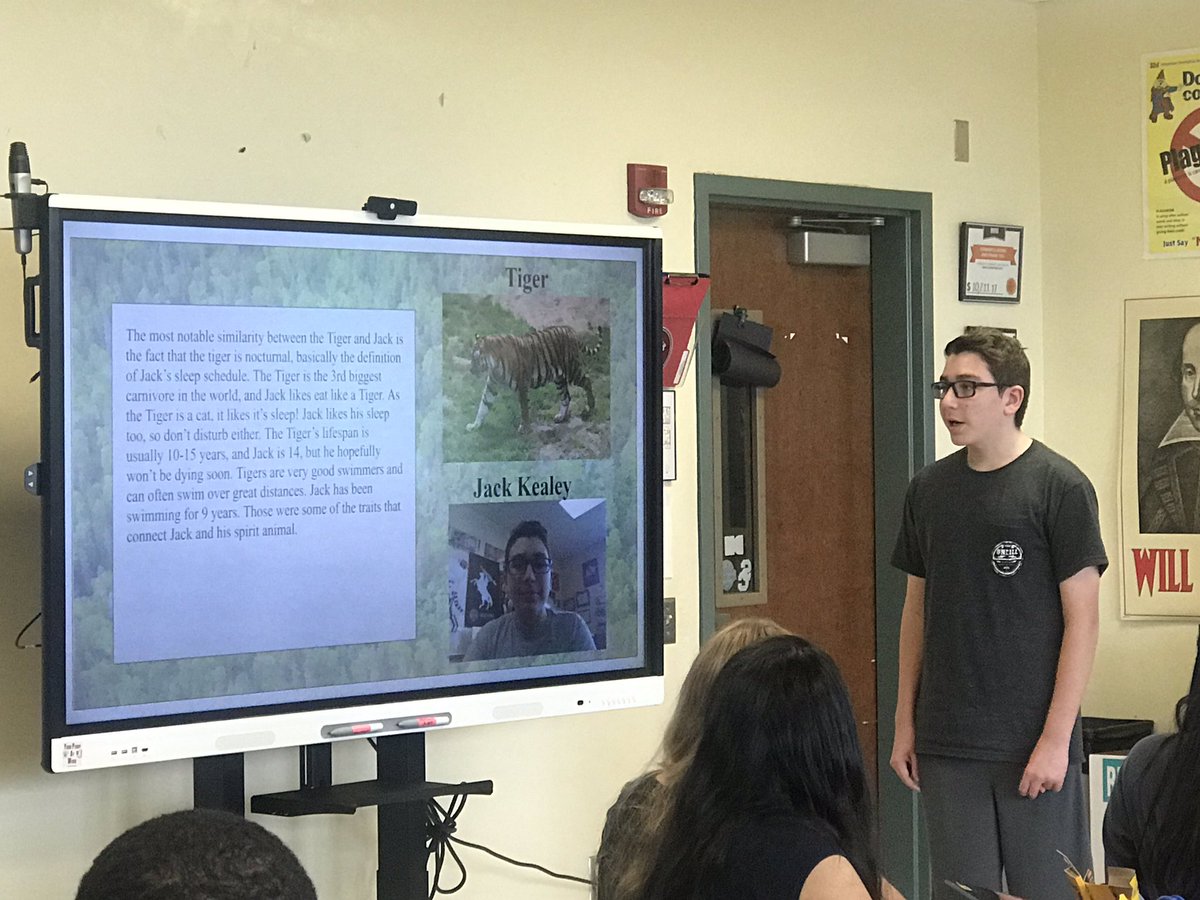 RawsonMs's tweet photo. Freshman EGP students presenting their Spirit Animal introduction slides on the SMART Panel. @pbcsd @SuncoastHighFL https://t.co/xZDl31pWoU