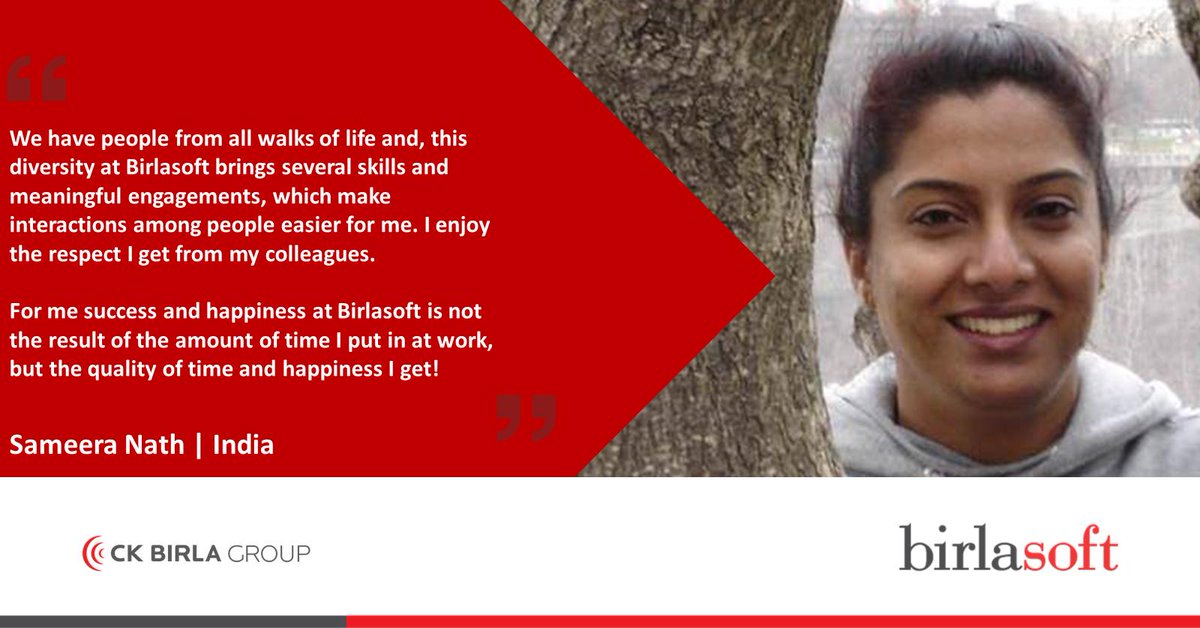 birlasoft's tweet photo. #WomenAtBirlasoft | A weekend is here again, and the #QuoteSheWrote testimonial series puts into perspective the great job done by #womenintheworkforce. This week, read about Sameera Nath's journey with us! https://t.co/jhJEWO6M7c 
#womenintech #womeninit #womenwhoinspire https://t.co/Y2N1RyNLCg