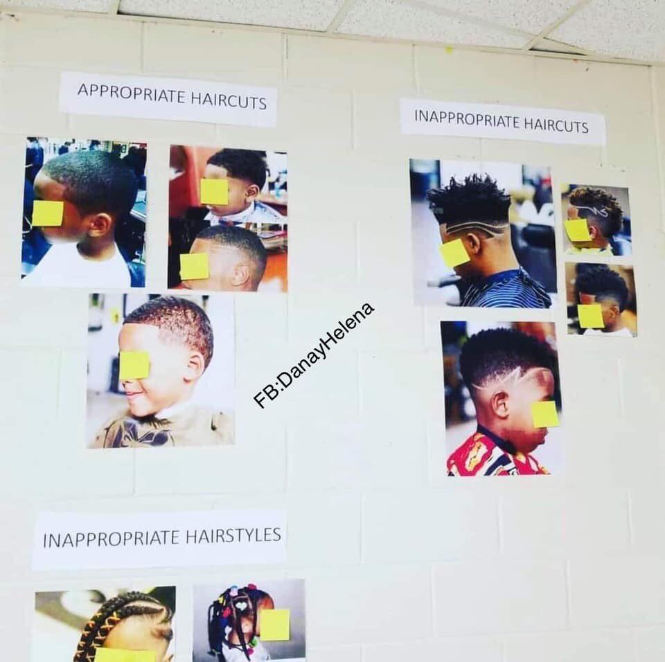 zellieimani's tweet photo. A DeKalb County school has a policy that dictates hairstyles for its Black students.

They even have a wall of “appropriate” hair styles versus “appropriate” hairstyles. https://t.co/BABeSyDzku