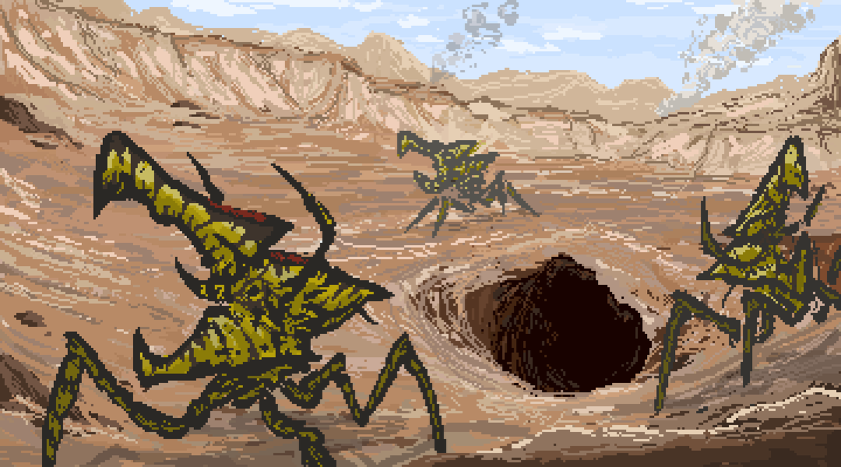 The Mobile Infantry began nuking the surface of Klendathu, waking the arachnid swarm.

Big bugs for the poll choice. I love Starship Troopers #pixelart #bug #insect #arachnids #StarshipTroopers #movie #scifi #painting #horror #artistontwitter #aseprite #gamedev #sketch #ドット絵