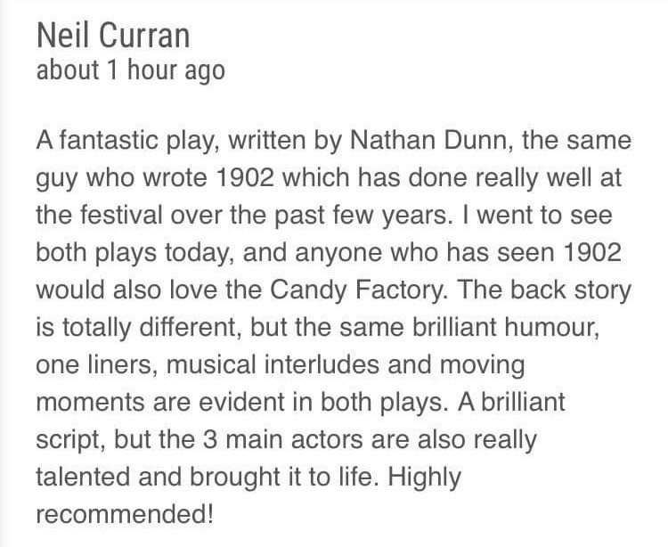 angus_easener's tweet photo. Just got this great review for our opening night of #candyfactory at the #edfringe! If you wanna come see me act in @CandyFactoryEdi, get your tickets here: https://t.co/KJqGFIHjIi https://t.co/1WEcGNHT1R