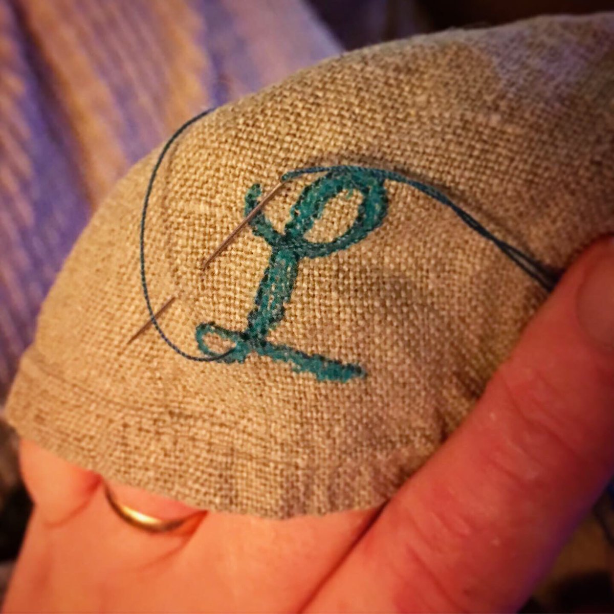 TreacleKnits's tweet photo. Something different tonight! My First Embroidery 😂 “L” #napkin #embroidery #sewing #handmade https://t.co/9e9dCxM0VP