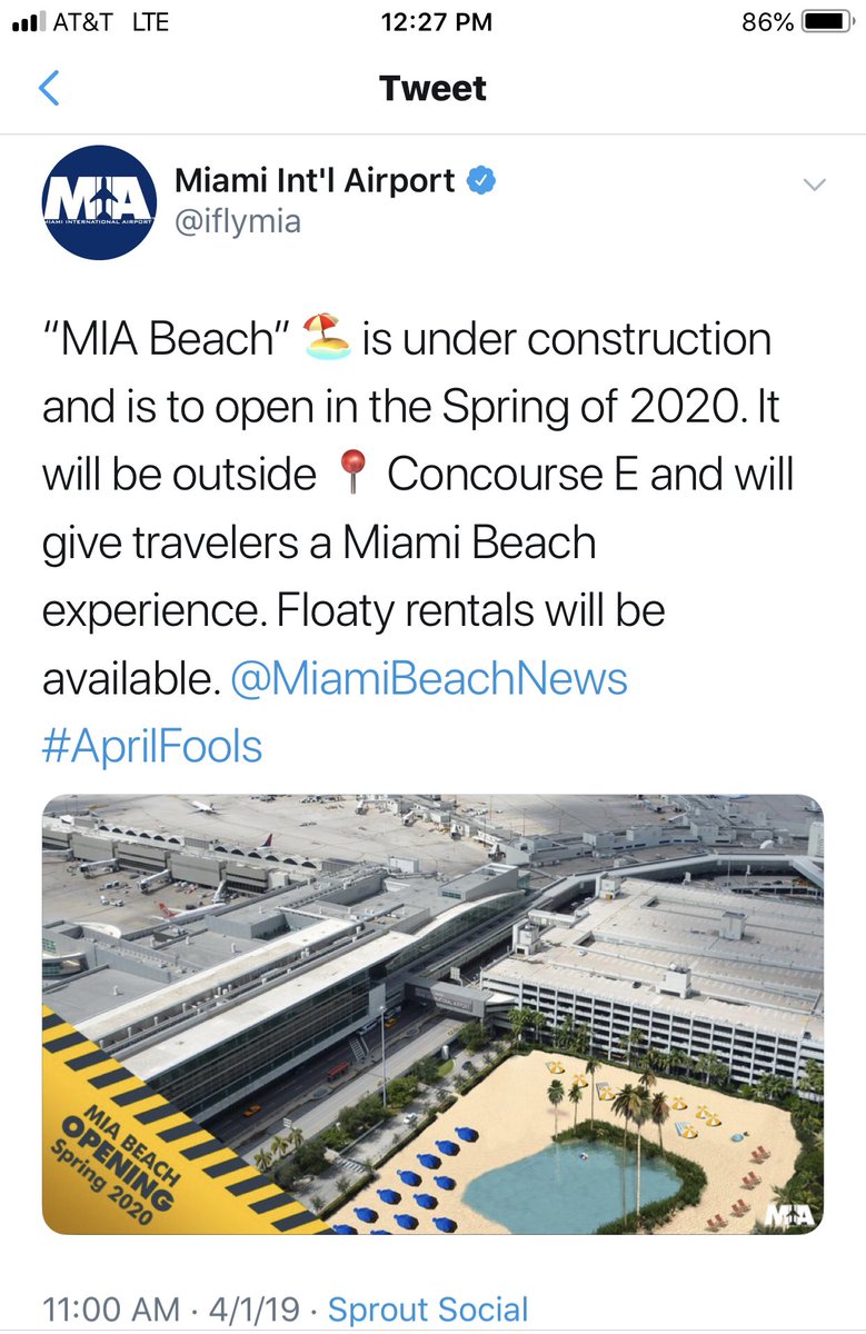 iflymia's tweet photo. We're flashing back to April Fools' Day🤣 when we teased that we would be opening #MIABeach🏖️ in 2020. You liked the idea so much, we made it a reality! Now you have the chance to visit the beach before boarding your flight✈️. 
📍 D19 &amp; J3 https://t.co/lzLLLgYTYE